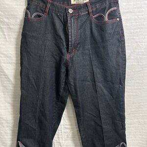 Mekeyler Jeans Wear Womens Embroidered Dark Wash Straight Denim Jeans Blue Red L